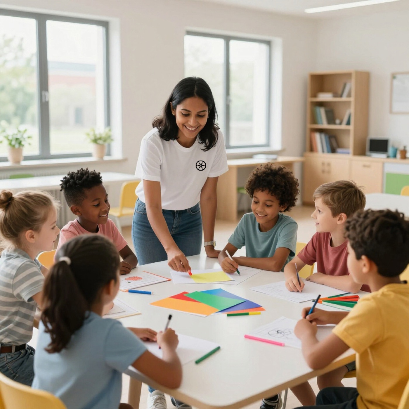 A teacher working closely with young students